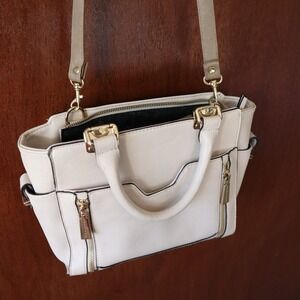 Big Buddha Pale Beige Off White Faux Leather Satchel Handbag Gold Tone Hardware